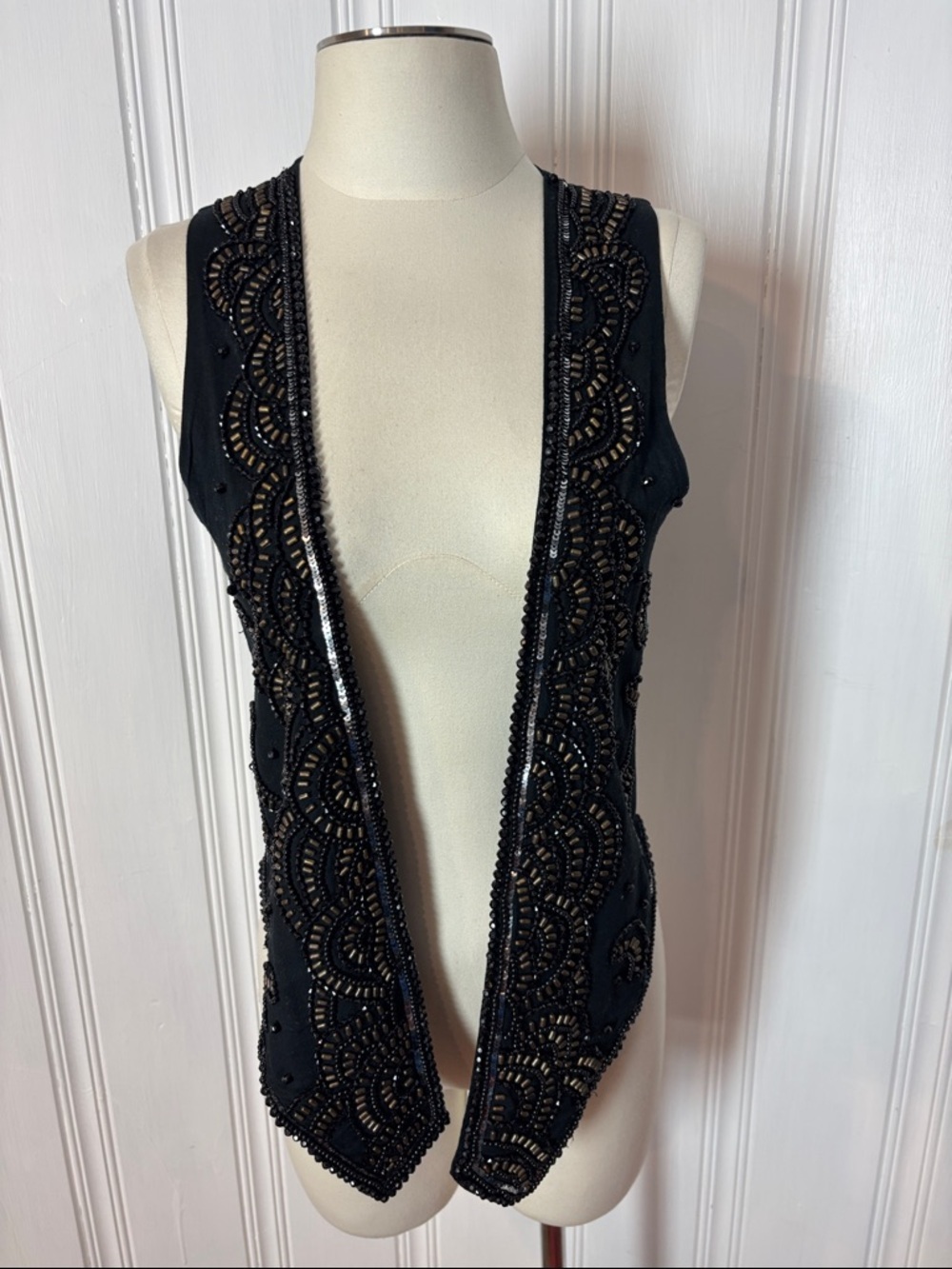 ZARA Black Beaded Open Front Cotton Vest | Boho Sequin Embellished | Size M